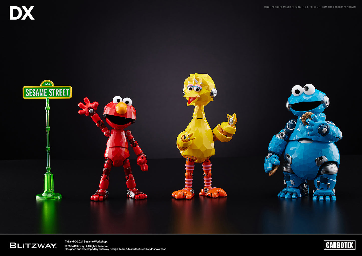 Blitzway DX Carbotix figures of Elmo, Big Bird, and Cookie Monster from Sesame Street, displayed with a green Sesame Street sign on a black background.
