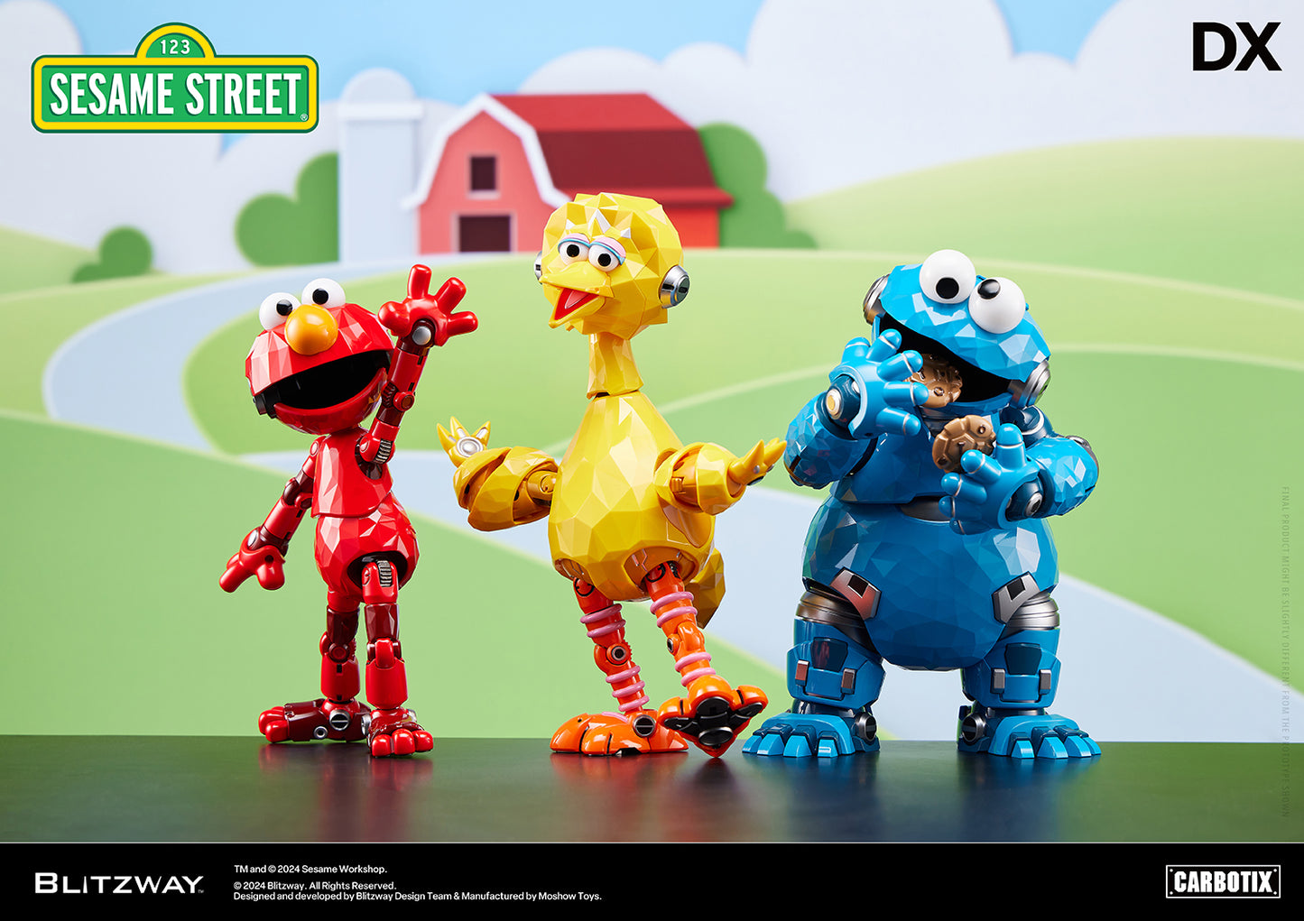 Blitzway DX Carbotix figures of Elmo, Big Bird, and Cookie Monster from Sesame Street posed in front of a colorful cartoon town background.