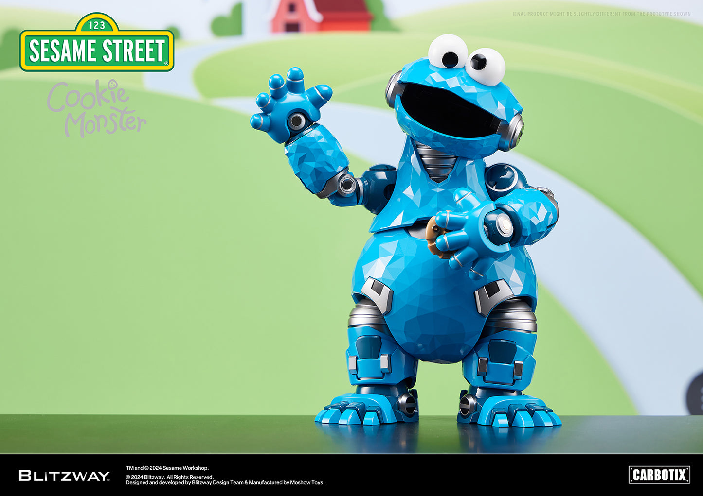 Blitzway Carbotix Cookie Monster figure from Sesame Street posed with a waving hand and holding a cookie, against a playful cartoon-style background.