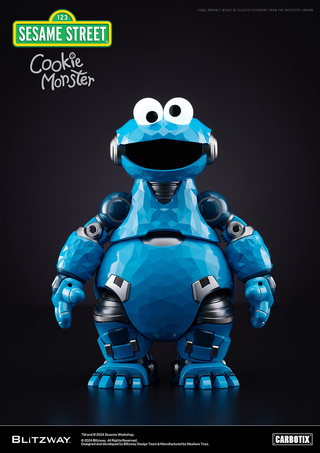 Front view of the Blitzway Carbotix Cookie Monster figure from Sesame Street, featuring a robotic polygonal design with vibrant blue die-cast armor.
