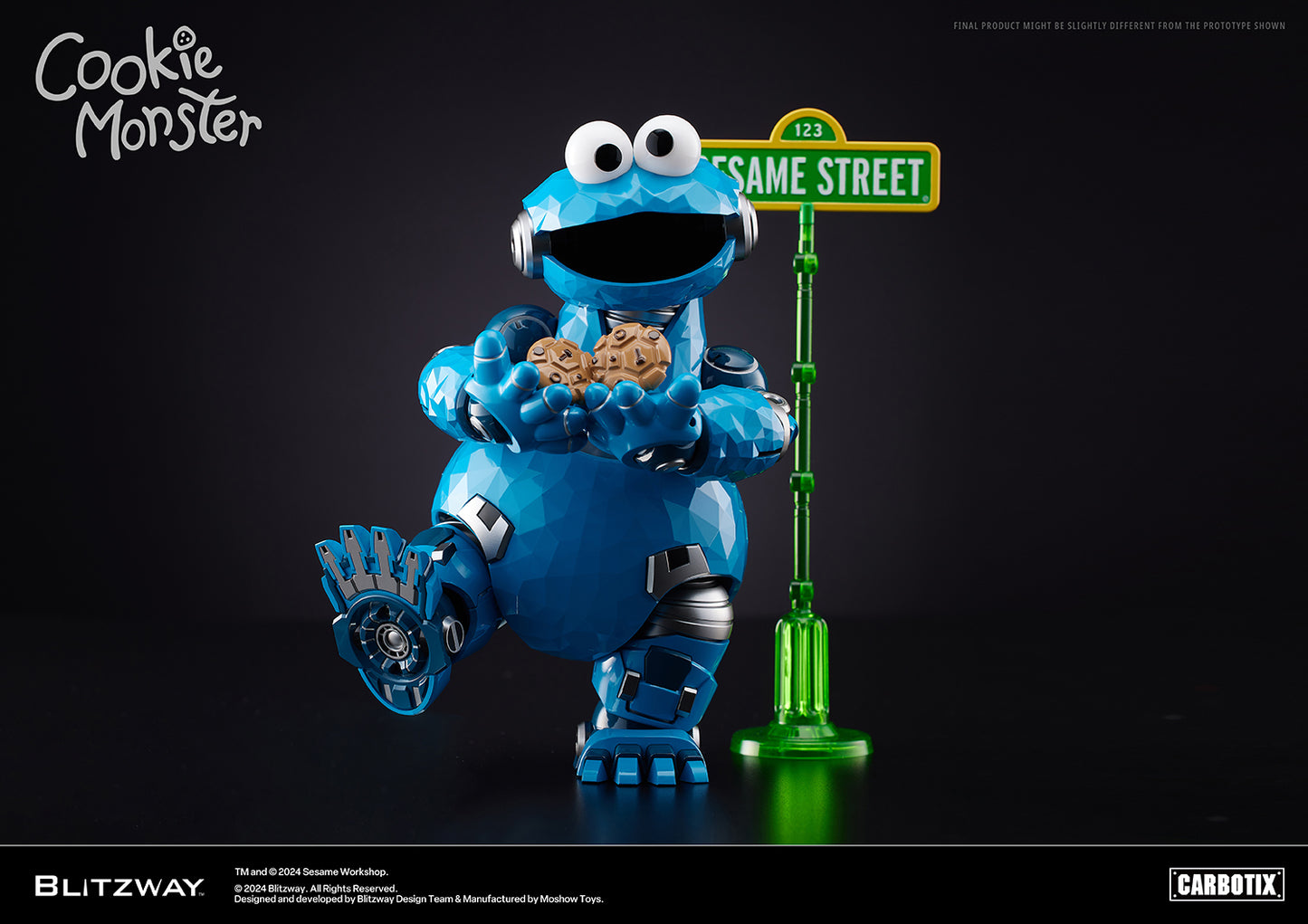 Blitzway Carbotix Cookie Monster figure from Sesame Street standing on one leg while holding cookies in both hands next to a green Sesame Street sign.