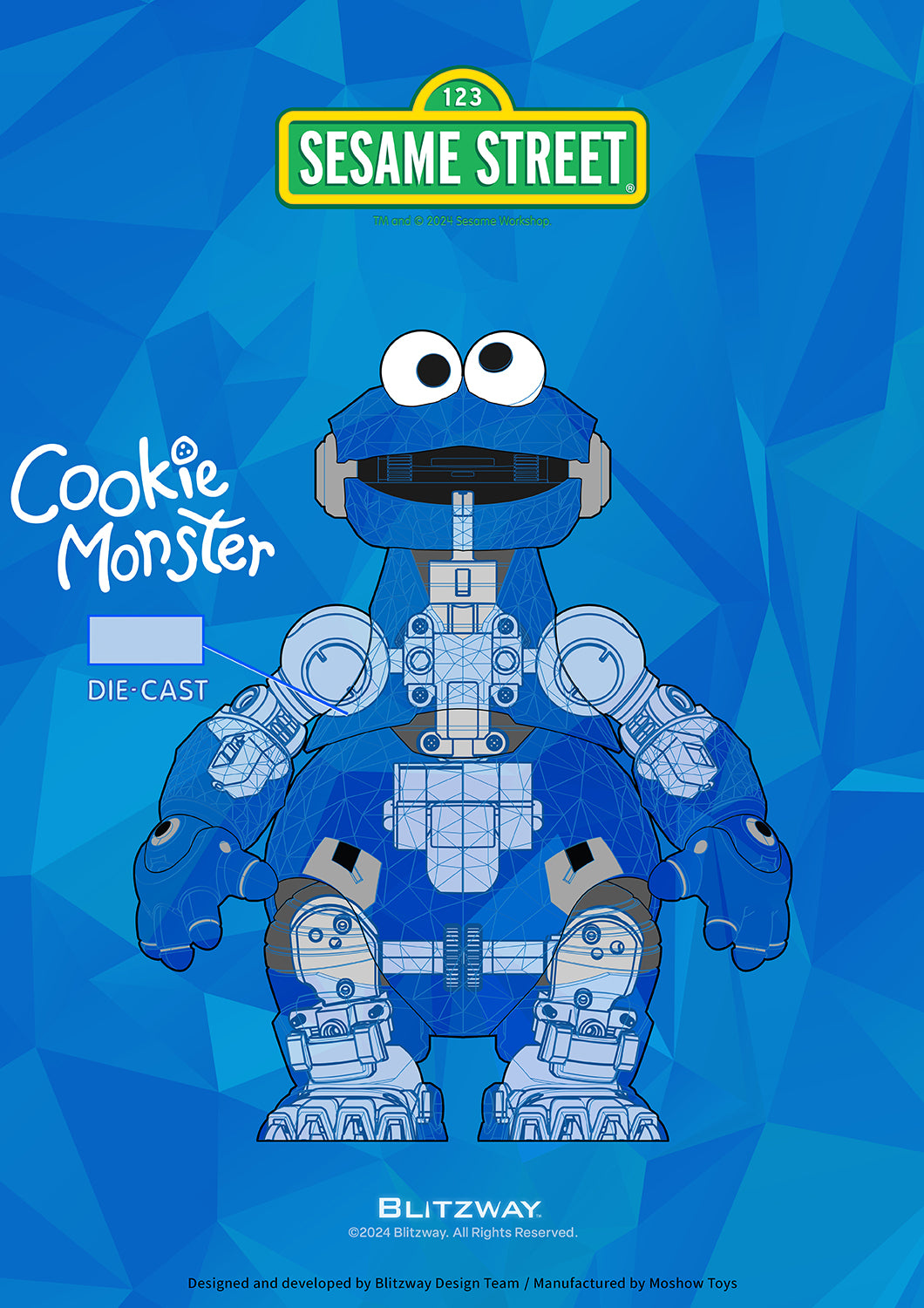 Technical diagram of Blitzway Carbotix Cookie Monster figure from Sesame Street, highlighting die-cast internal parts in the arms, torso, and legs.