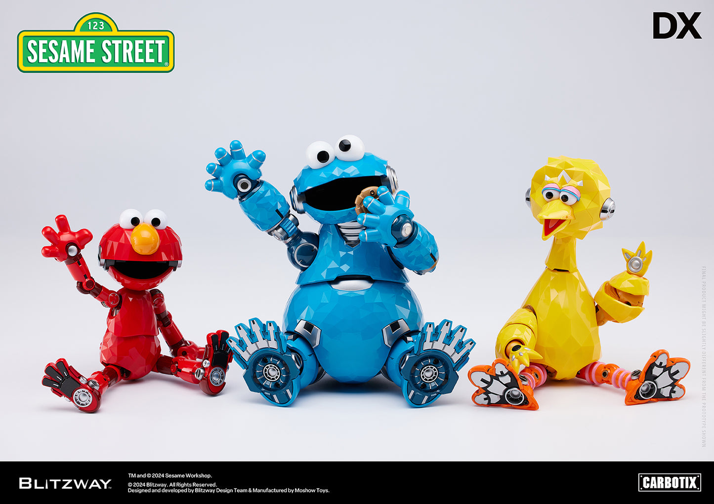 Blitzway DX Carbotix figures of Elmo, Cookie Monster, and Big Bird from Sesame Street sitting and waving on a white background.