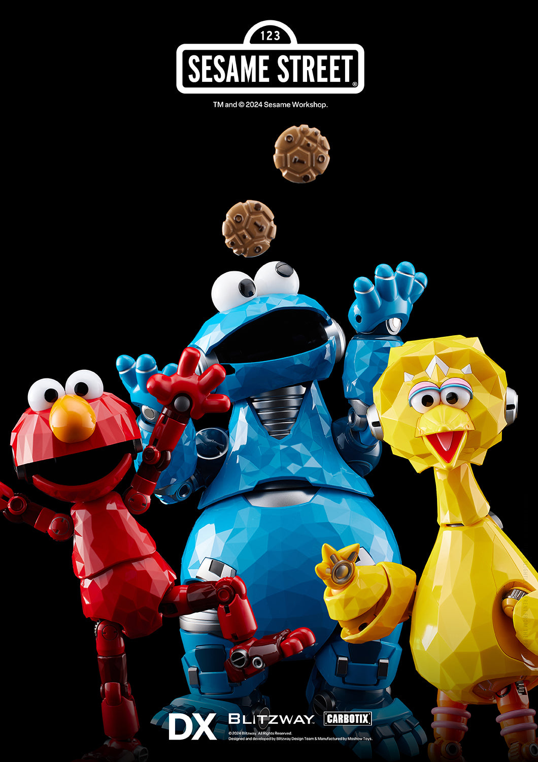 Blitzway DX Carbotix figures of Elmo, Cookie Monster, and Big Bird from Sesame Street in a colorful robotic polygonal design.