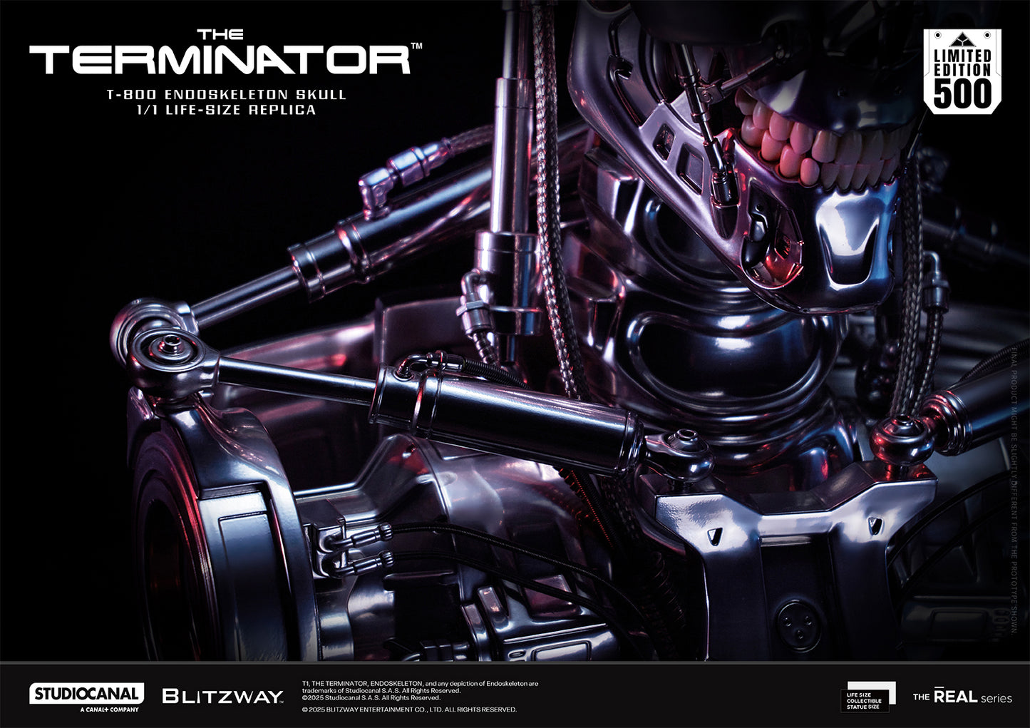 Detailed view of the T-800 Endoskeleton Skull 1:1 life-size replica, focusing on the mechanical chest, pistons, and part of the lower face.