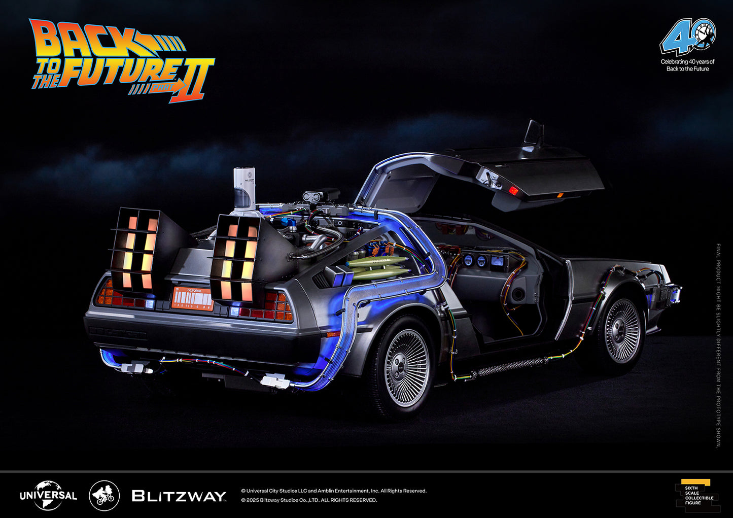 Back to the Future Part II DeLorean Time Machine viewed from the rear side with both gullwing doors open, revealing the interior and detailed reactor components.