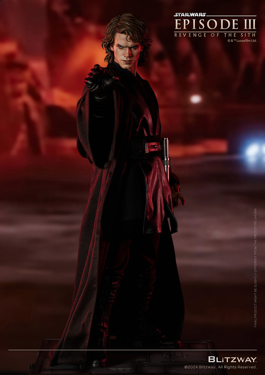 Full-body view of Anakin Skywalker in a force pose wearing a Jedi robe, from Star Wars: Episode III – Revenge of the Sith 1/4 scale statue by Blitzway