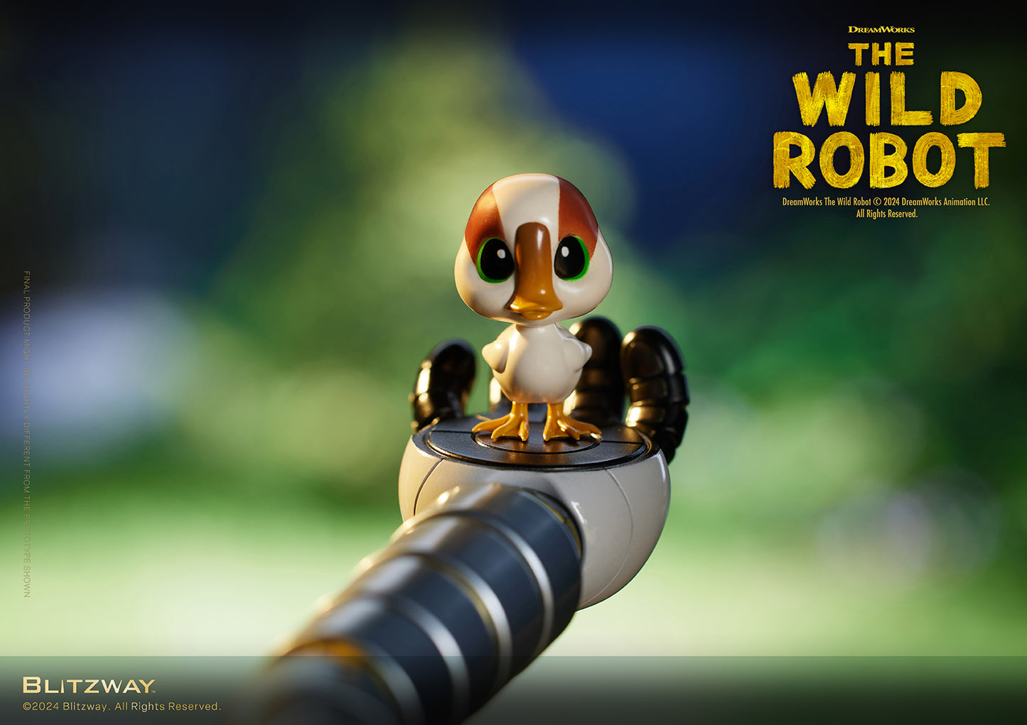 Close-up of the bird companion figure from The Wild Robot, perched on the robot’s hand with a soft-focus forest background.