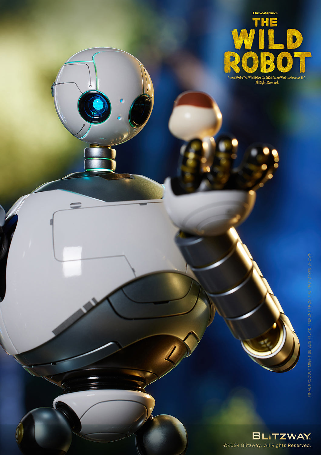 Close-up view of The Wild Robot collectible figure from DreamWorks, featuring a white spherical robot holding a small figure with a glowing blue eye.