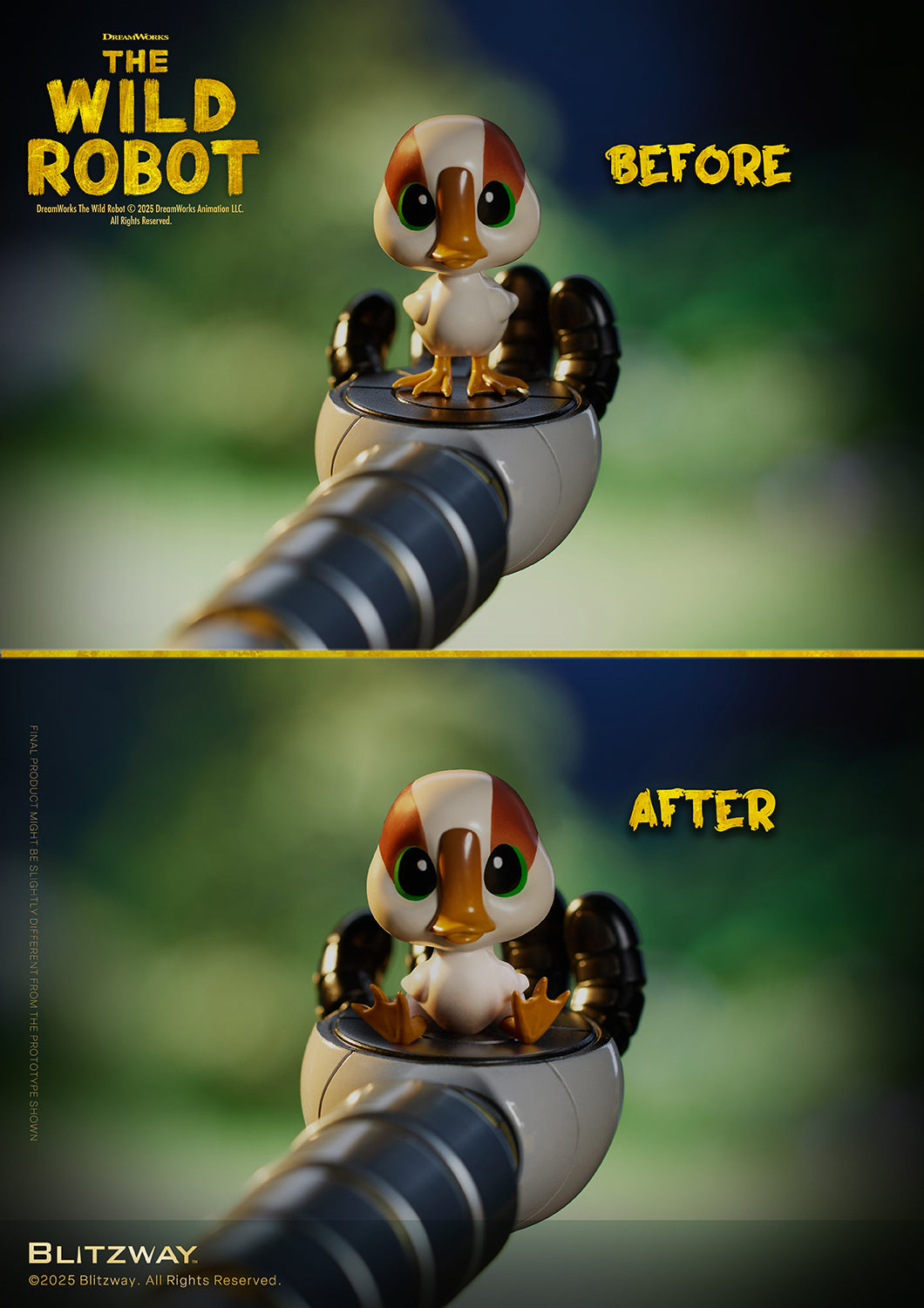 The Wild Robot's arm holding a small duckling figure, shown in two poses labeled “Before” (standing) and “After” (sitting cutely with legs forward).