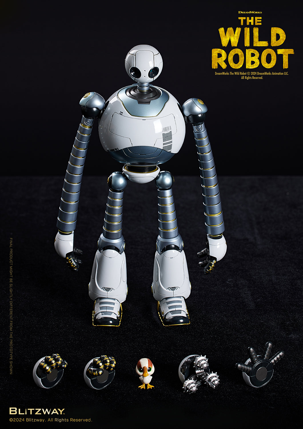 Full view of The Wild Robot figure standing with all included accessories—interchangeable hands, bird companion, and mechanical tools—displayed on a black surface.