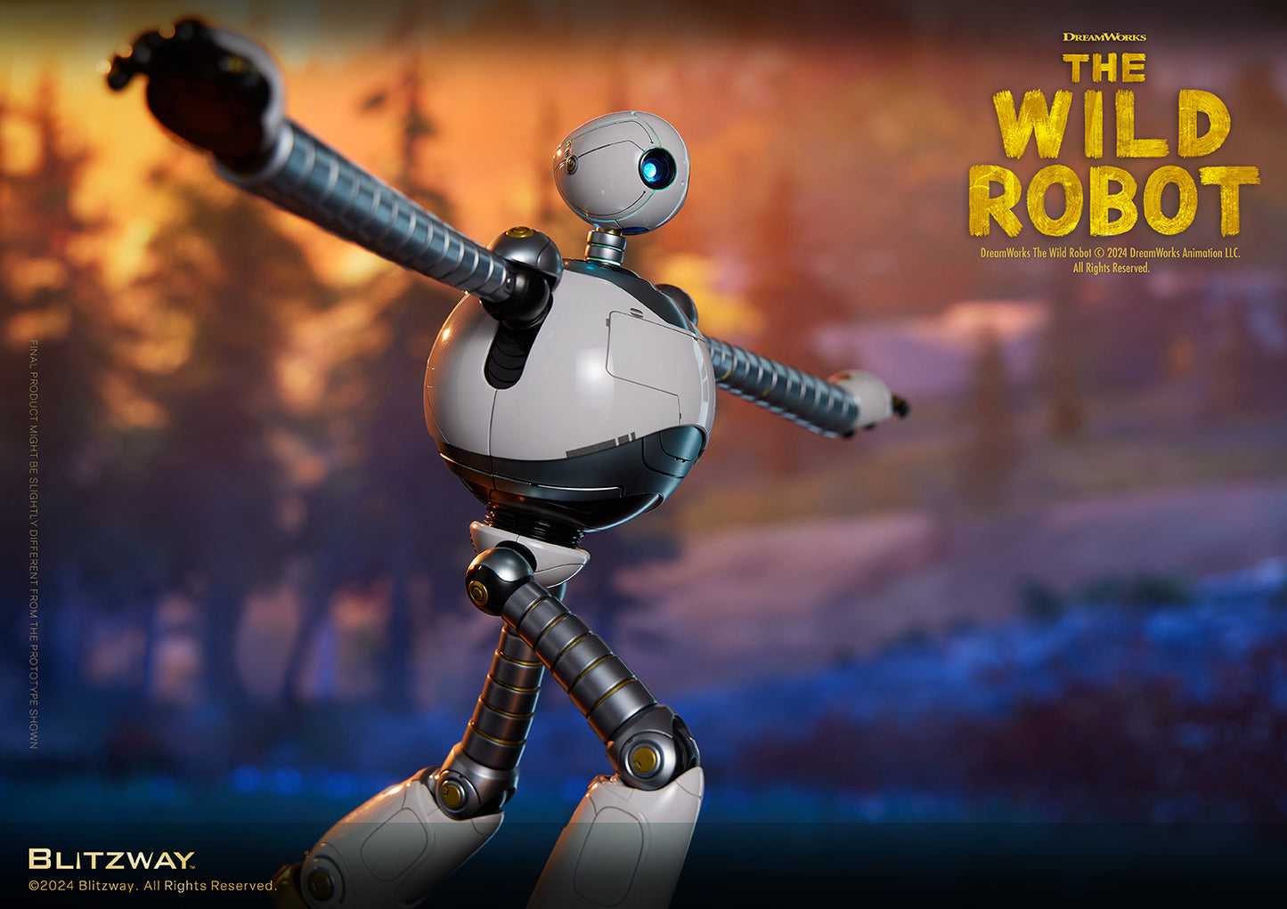 The Wild Robot figure with arms outstretched in a T-pose, set against a colorful forest background during sunset.