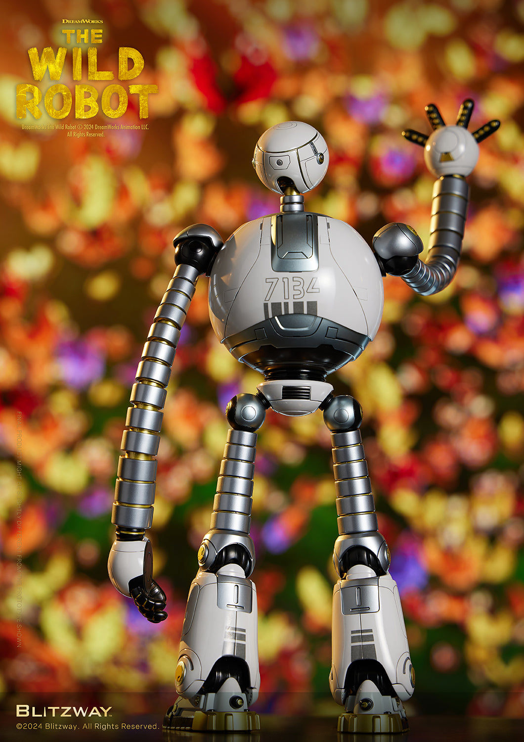 Rear view of The Wild Robot figure waving its right hand, showcasing the number 7134 on its back against a vibrant floral bokeh background.