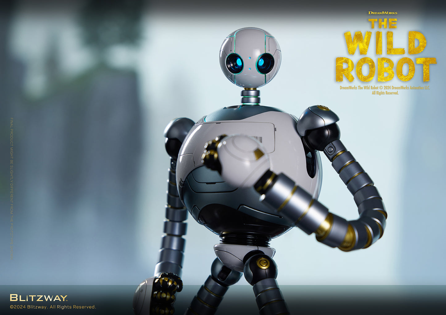 Close-up of The Wild Robot figure placing hand on chest, with expressive blue eyes and a misty forest background.