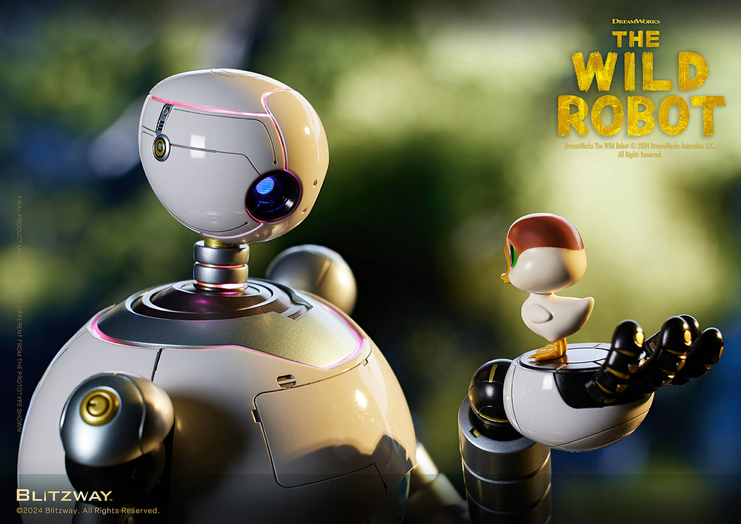 Close-up of The Wild Robot figure holding a small bird in its hand, with a soft forest background and warm lighting.
