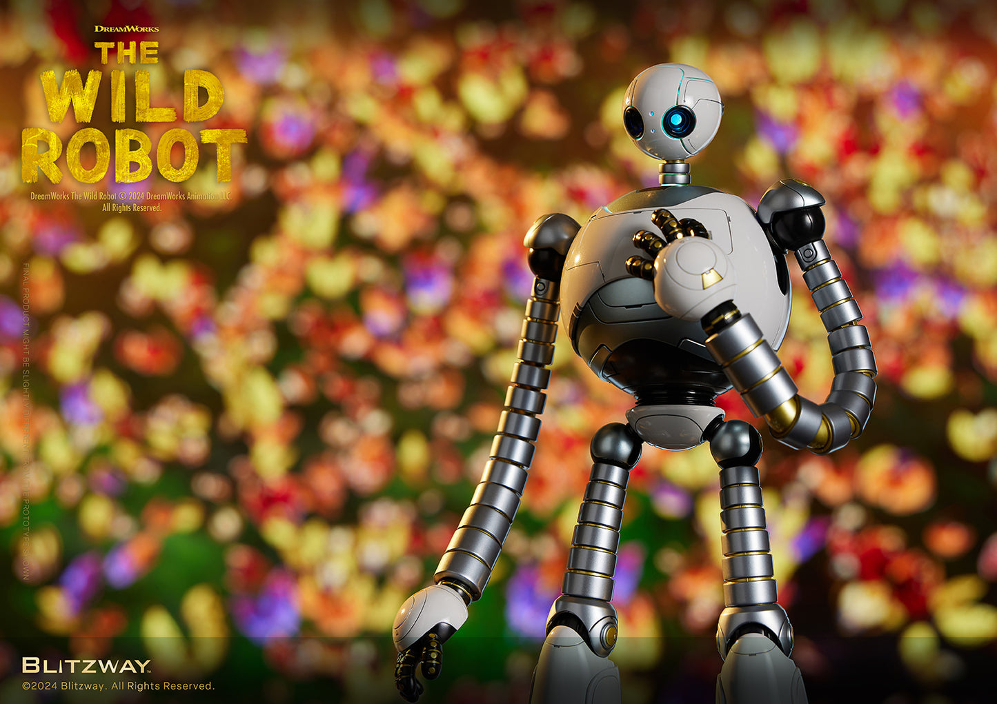 The Wild Robot figure holding a hand to its chest, set against a vibrant, colorful bokeh background of out-of-focus flowers.