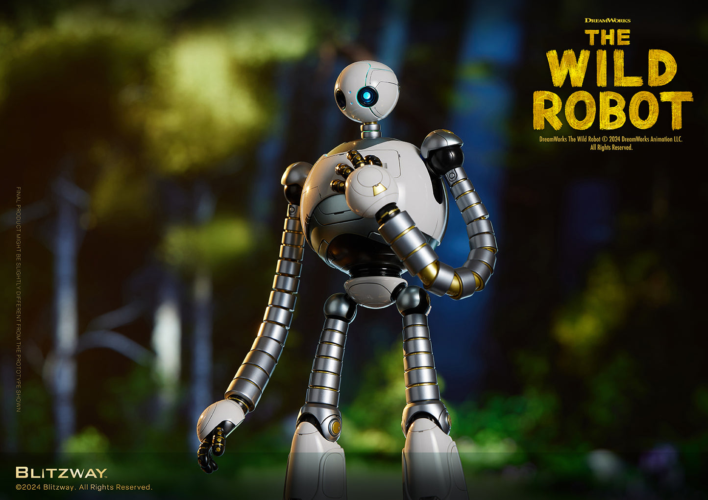 The Wild Robot collectible figure striking a curious pose with one hand on its chest, set in a forest-themed background.