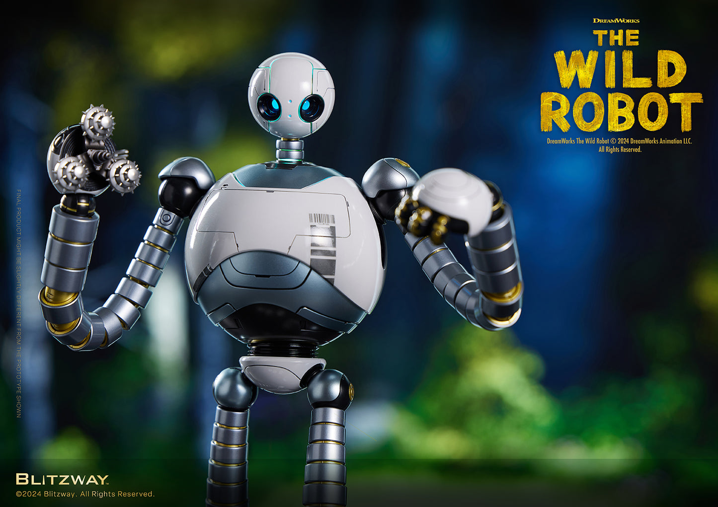 The Wild Robot figure equipped with a mechanical drill hand accessory, displayed in a dynamic pose against a forest background.