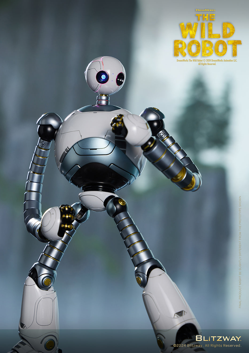 The Wild Robot collectible figure with one arm raised in a dynamic pose, set against a misty cliffside forest background.