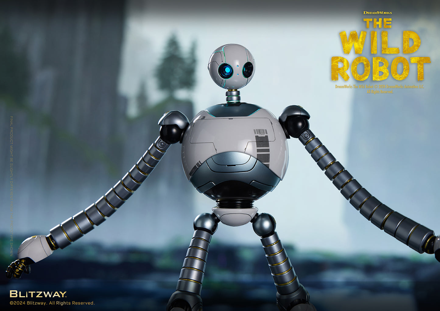 The Wild Robot figure in a wide-arm hero pose with a misty cliffside forest backdrop.