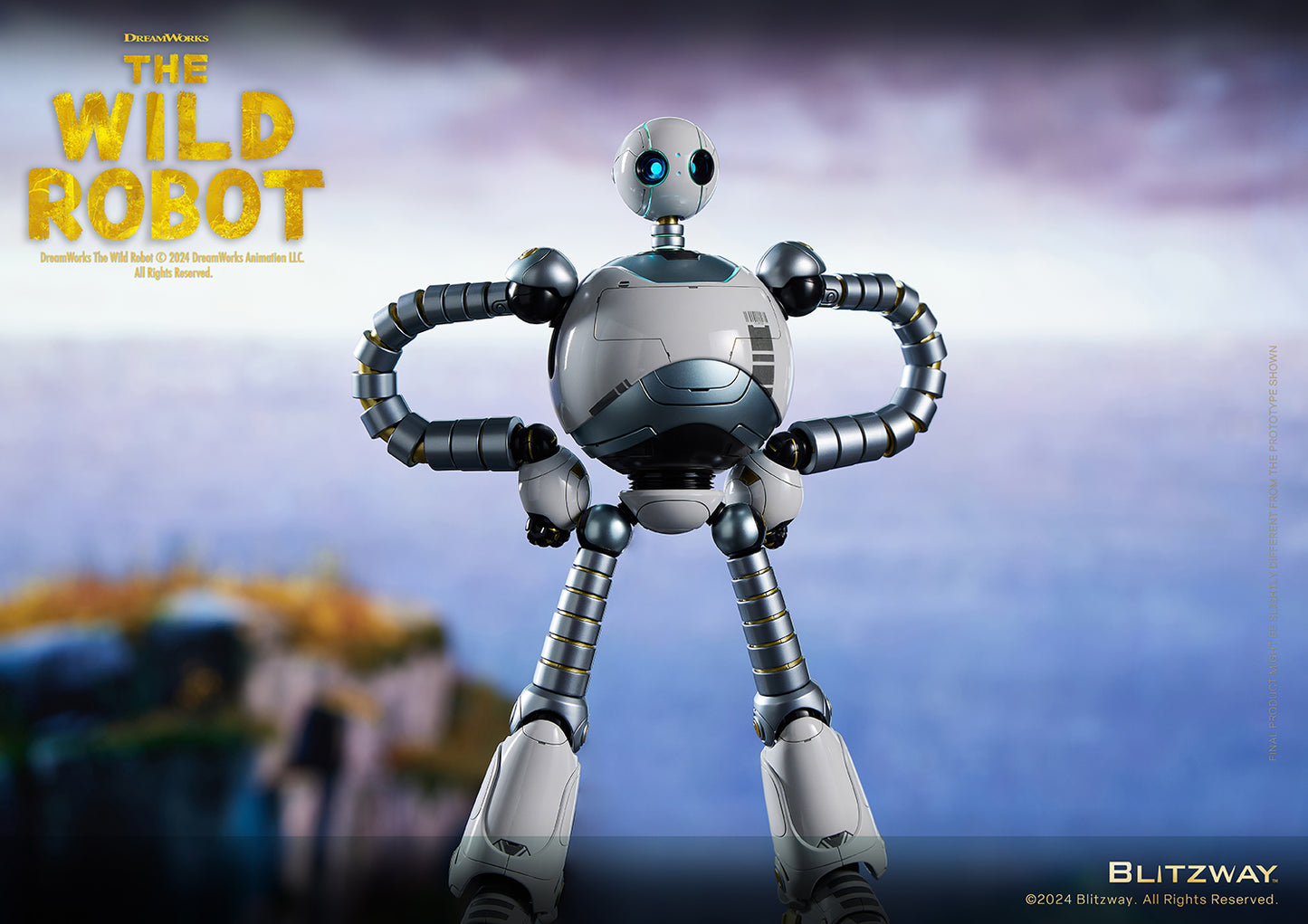 The Wild Robot collectible figure standing in a heroic pose with hands on hips, set against a scenic ocean cliff backdrop.