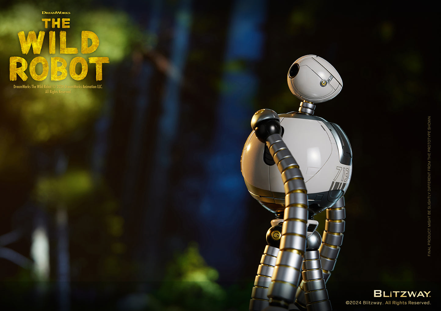 The Wild Robot figure gazing upward with articulated arms and legs, set against a softly blurred forest background.