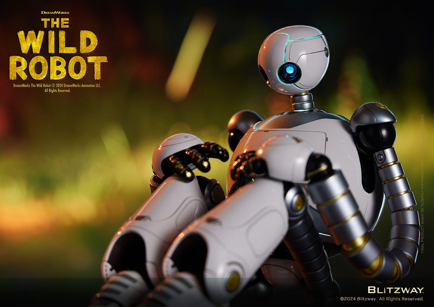 The Wild Robot figure sitting with knees up and arms wrapped around them, set against a softly lit forest background.