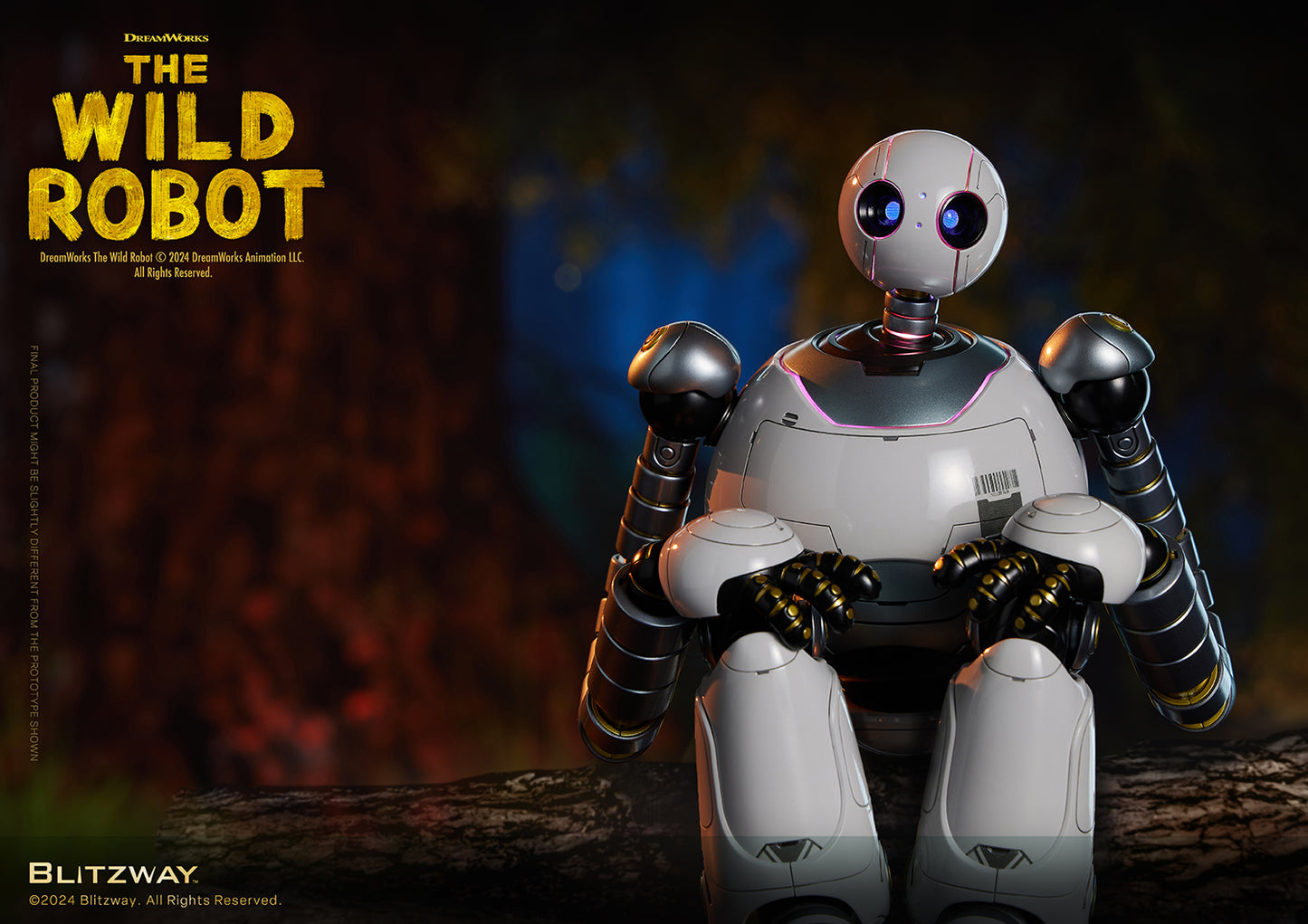 The Wild Robot figure seated on a tree log with arms wrapped around its knees, expressing a contemplative pose in a forest setting.