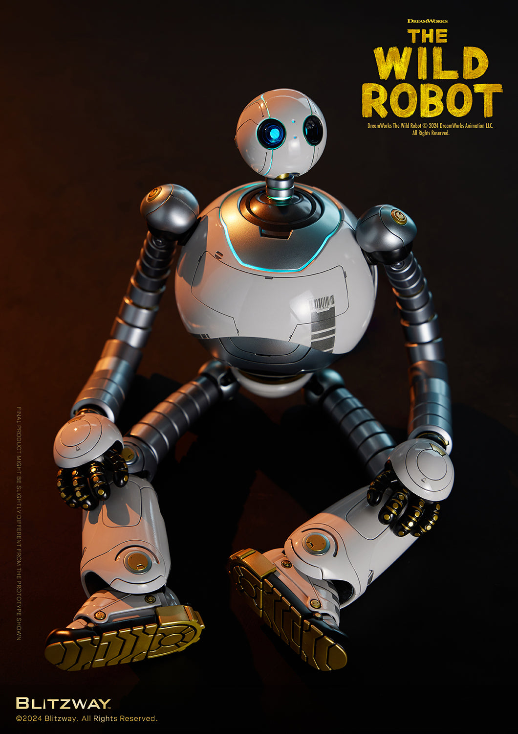 The Wild Robot collectible figure sitting on a dark background with its legs stretched out and hands resting on its knees.