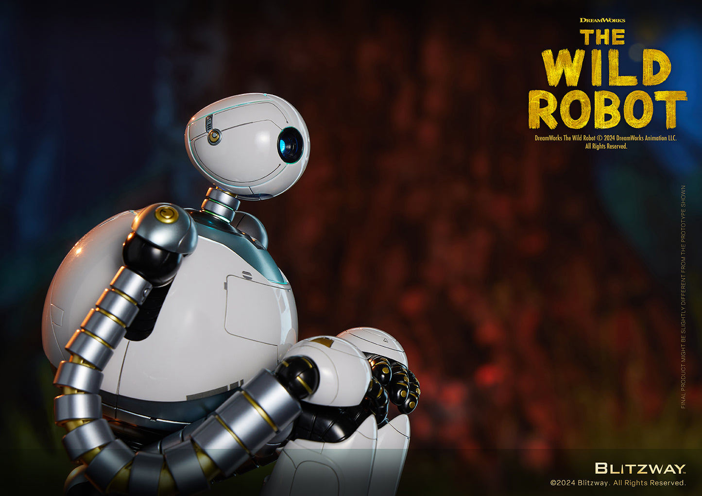 Side view of The Wild Robot figure sitting with knees up, in a forest-themed background with soft lighting.