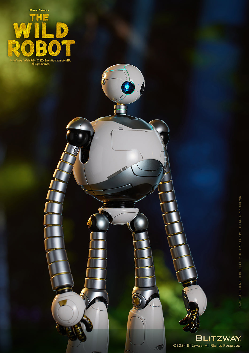 The Wild Robot collectible figure standing with a slight side glance, featuring long articulated limbs, a glowing blue eye, and a soft forest background.