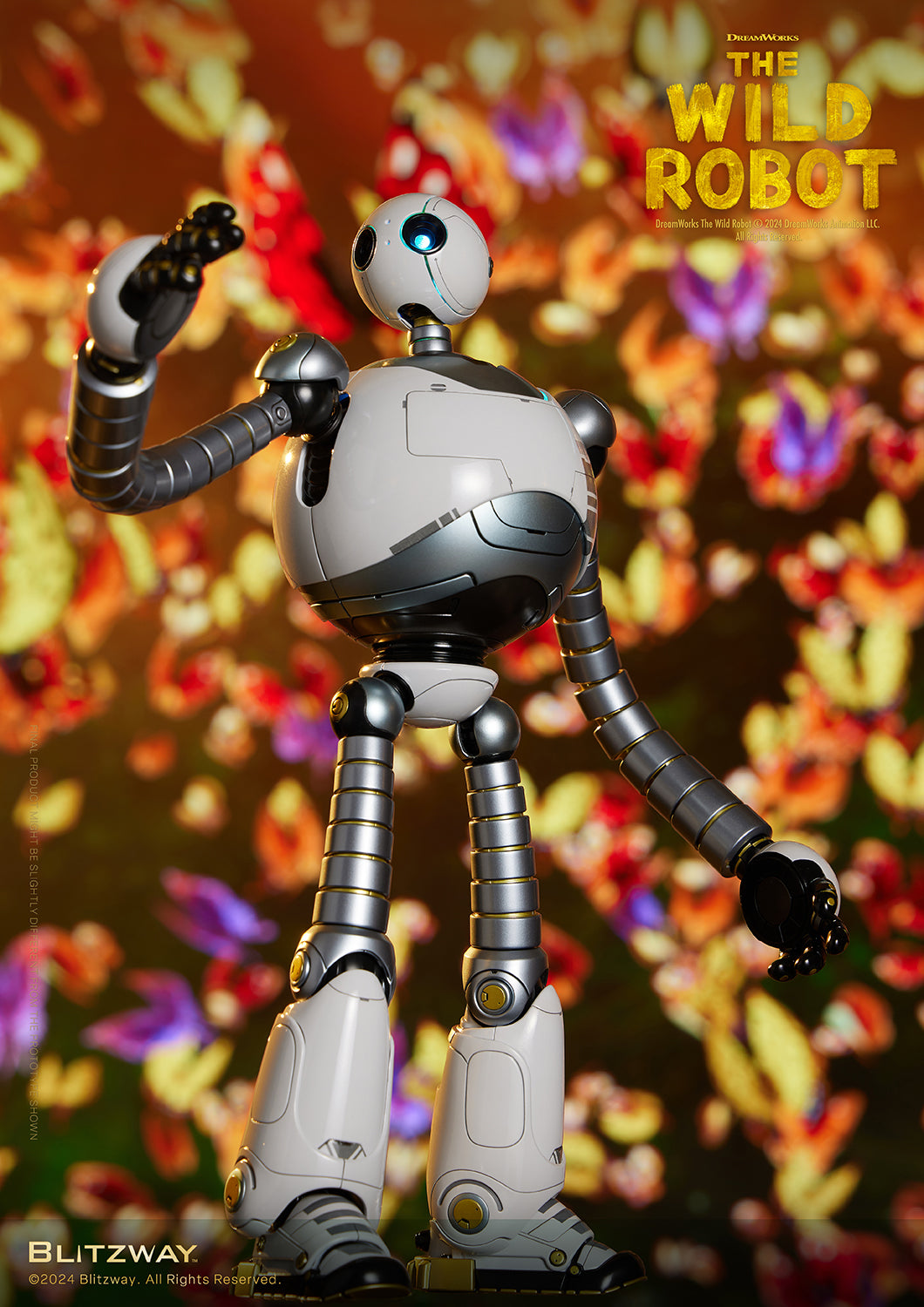 Full-body view of The Wild Robot figure standing and waving with a cheerful expression, surrounded by a vivid, flower-patterned bokeh background.
