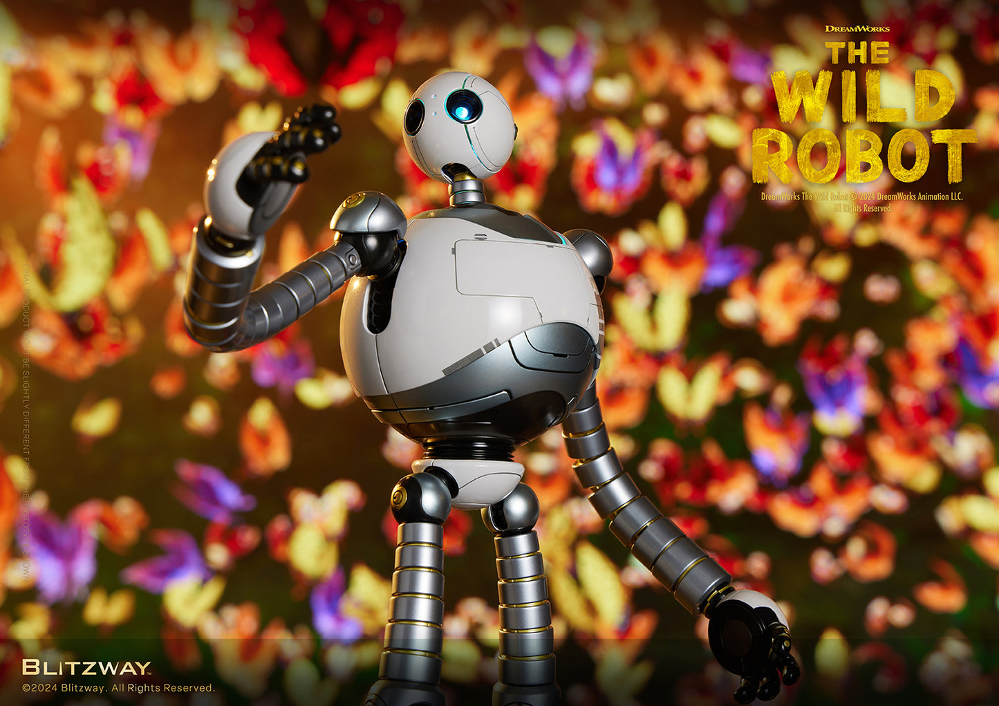The Wild Robot figure with one arm raised in a waving gesture, set against a dreamy background of colorful blurred flowers.
