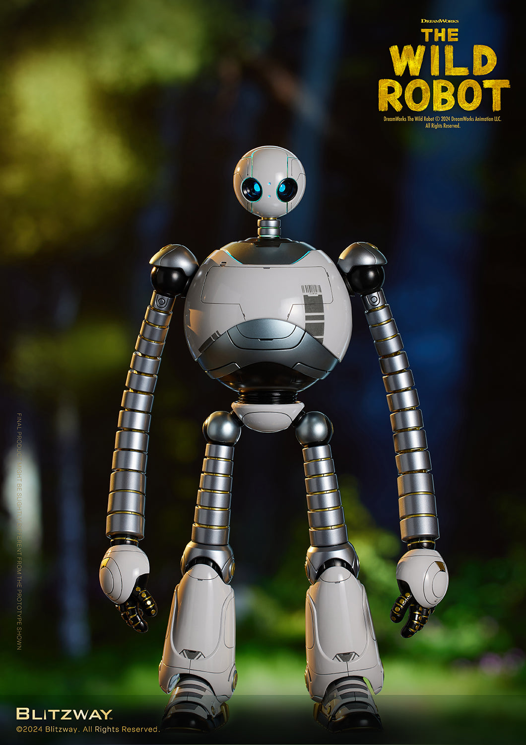 Full-body view of The Wild Robot collectible figure standing upright, featuring articulated limbs, glowing blue eyes, and a nature-themed background.