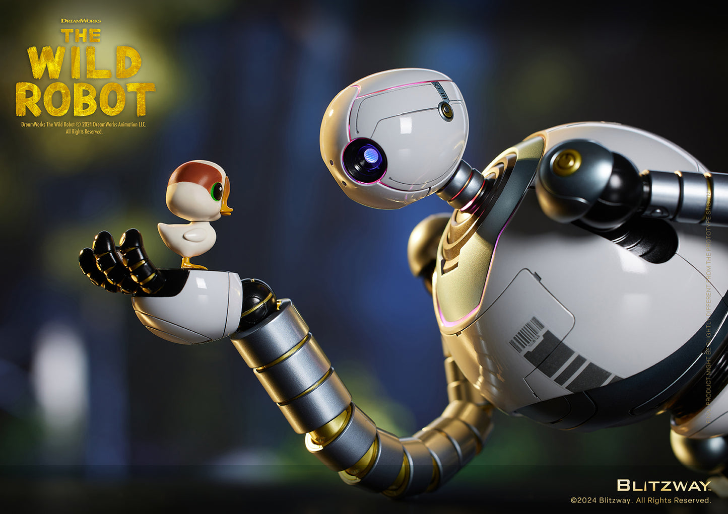 Full view of The Wild Robot collectible figure holding a bird companion, featuring articulated arms, expressive eye, and detailed surface textures.