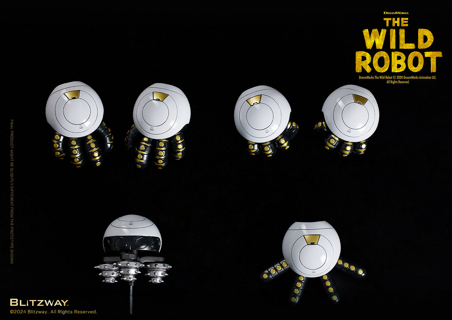 Close-up layout of The Wild Robot figure’s interchangeable hands and mechanical tool attachments, displayed on a black background.