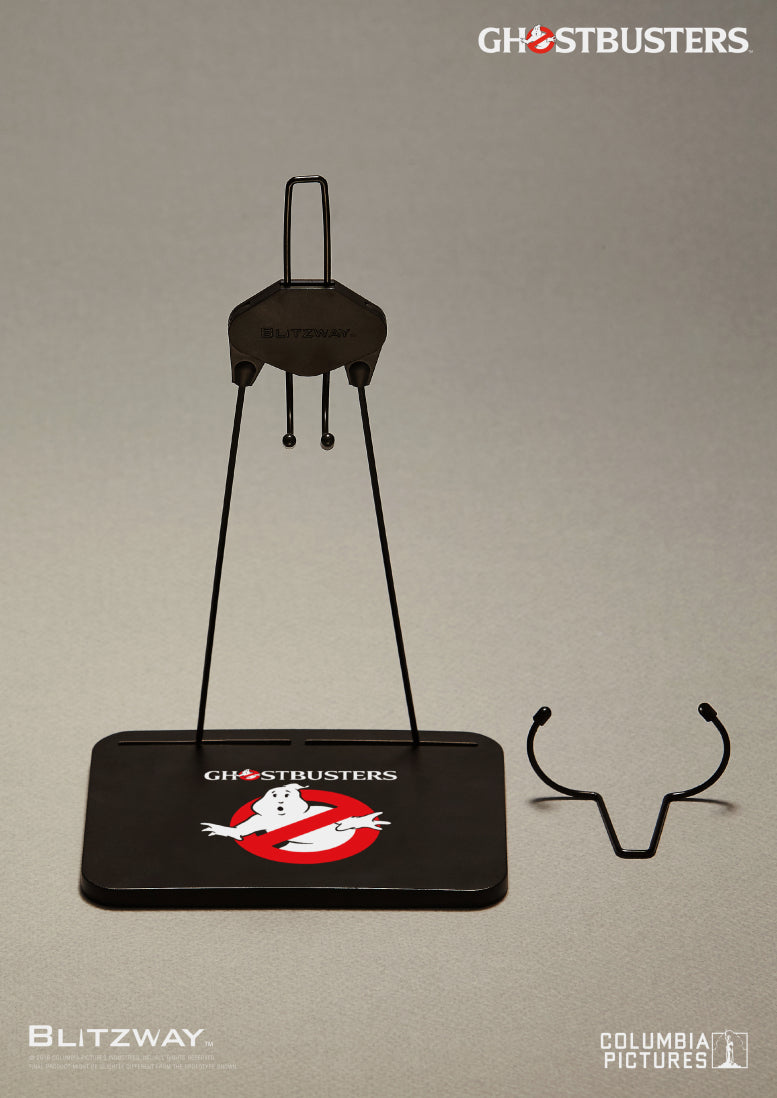 Ghostbusters-themed display stand set for Blitzway’s 1/6 scale action figure, featuring a black base with logo print and interchangeable waist support attachments.