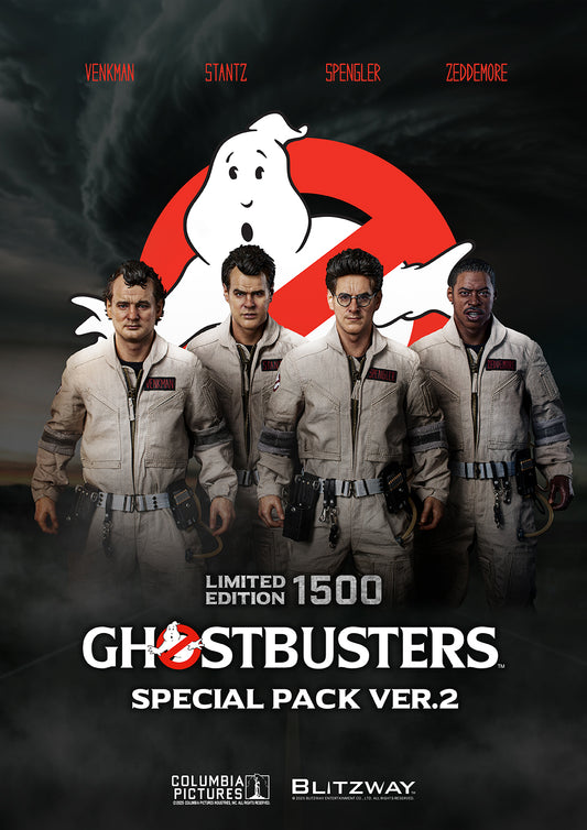 Full team lineup of Blitzway’s Ghostbusters Special Pack Ver.2 1/6 scale action figures, featuring screen-accurate likenesses of Venkman, Stantz, Spengler, and Zeddemore in movie-authentic uniforms and gear; limited to 1500 pieces.
