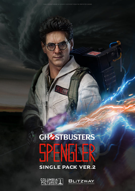 Key visual of Blitzway’s Ghostbusters Ver.2 1/6 scale Action Figure — Spengler Single Pack, featuring upgraded sculpt and lightning effect background with detailed proton pack and gear.