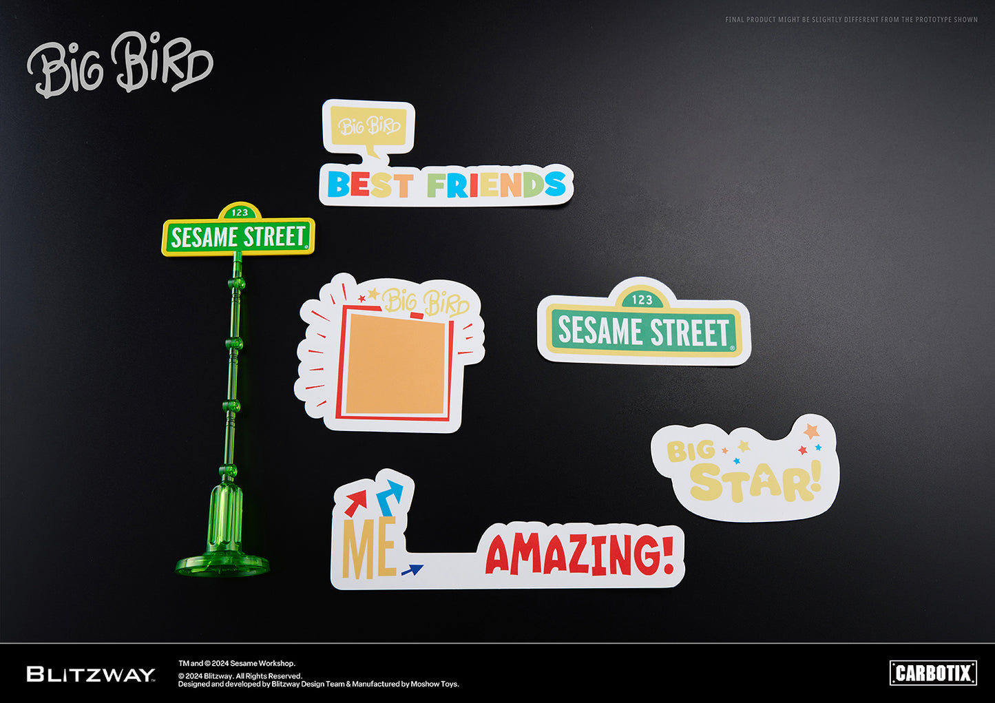 A collection of colorful accessories and stickers for the Carbotix Big Bird figure, including Sesame Street signs, quote bubbles, and playful phrases like "BEST FRIENDS," "BIG STAR!," and "ME → AMAZING!"