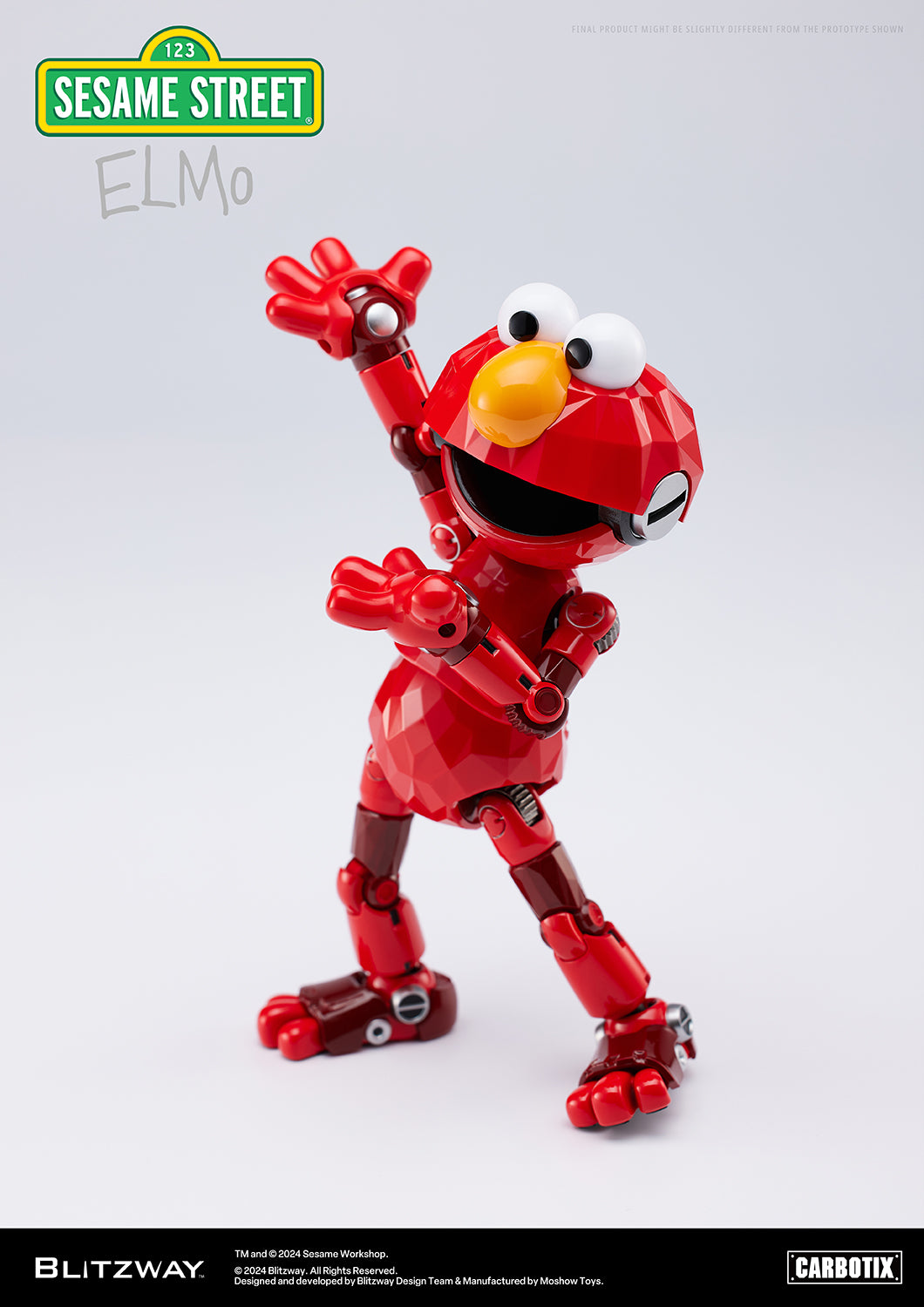 Elmo figure from Blitzway’s Carbotix line striking a joyful pose, raising one hand high with a wide smile on a white background.