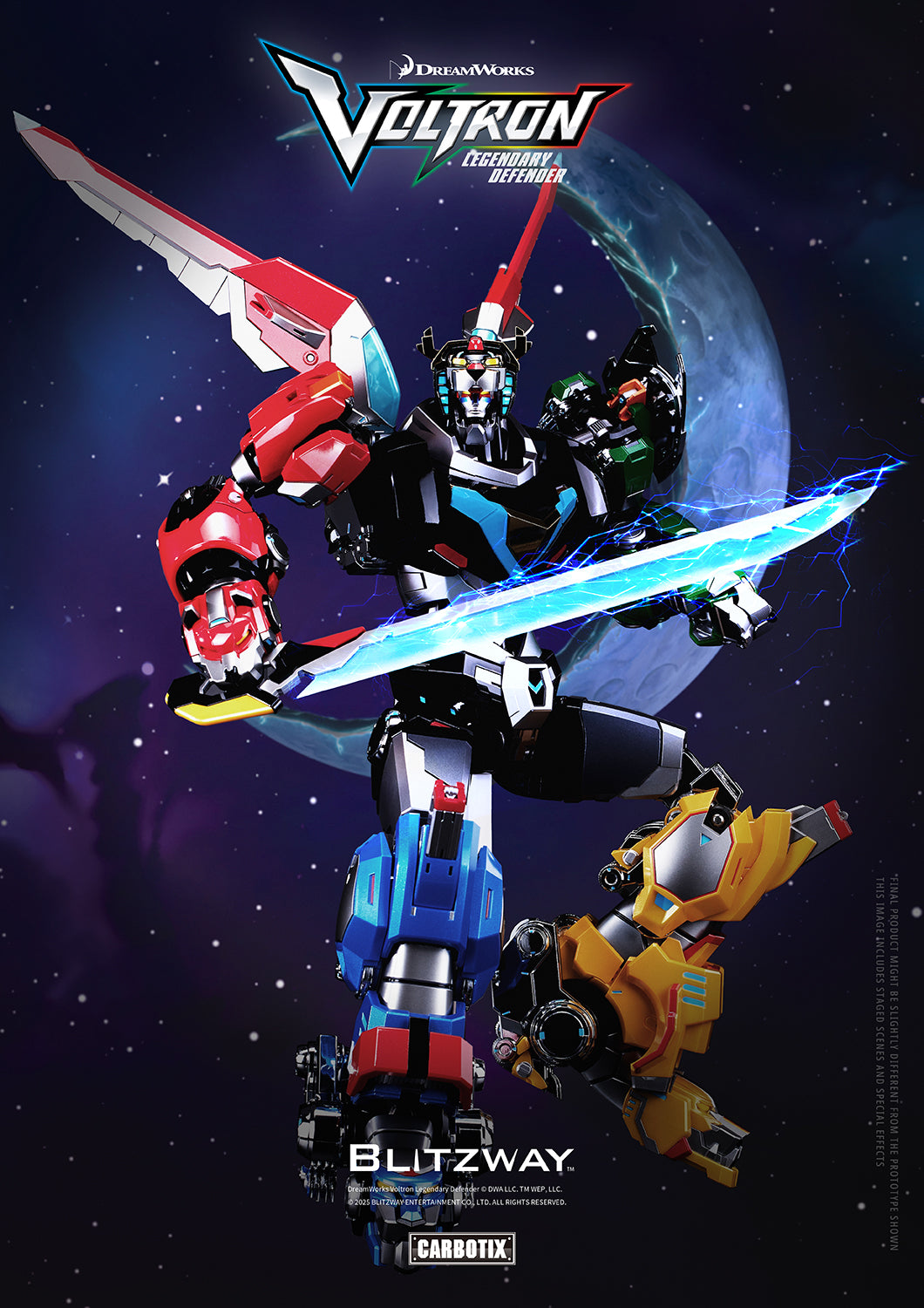 Voltron Legendary Defender action figure holding a blazing sword in space background with moon behind.