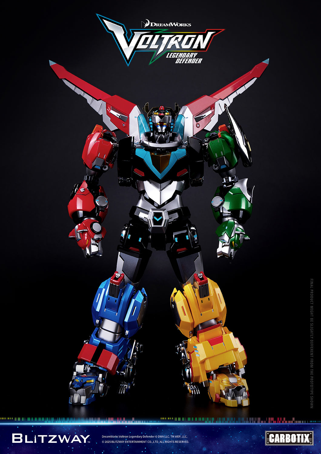 Front view of Voltron Legendary Defender action figure in standing pose with wings spread and detailed lion components.