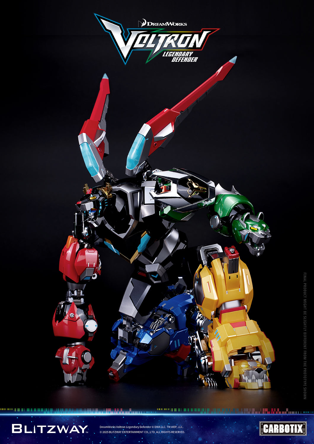 Side view of Voltron Legendary Defender action figure in crouching battle stance, highlighting lion heads and mechanical detailing.
