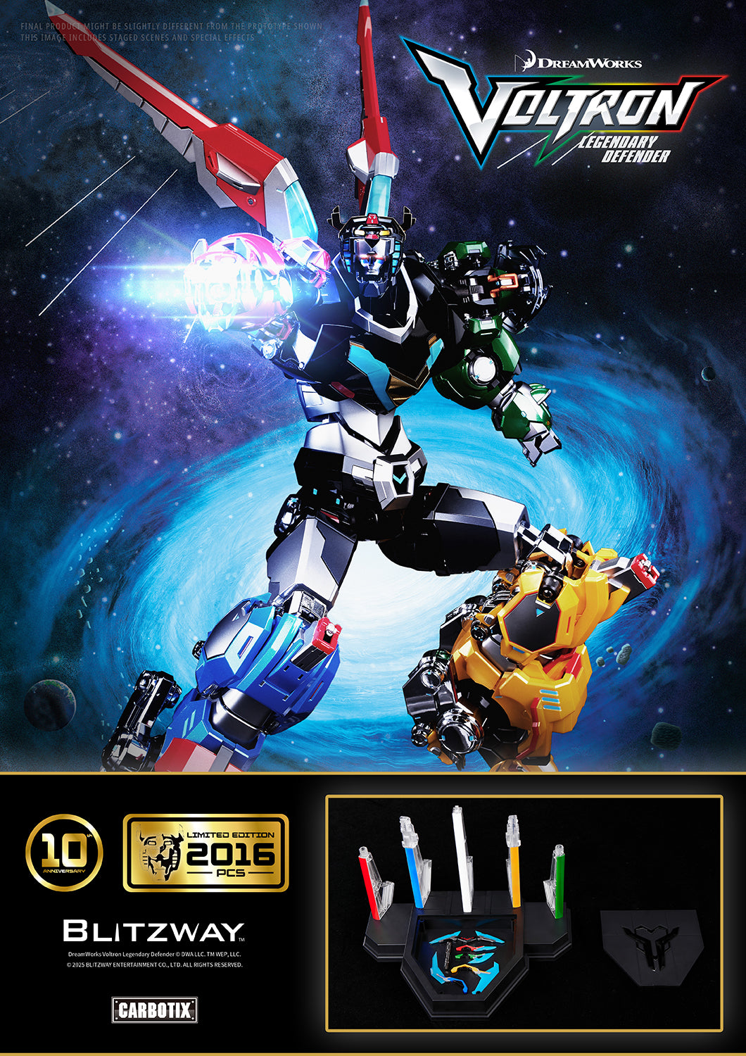 Voltron: Legendary Defender Special Limited Edition 1/6 scale Action Figure by Blitzway Carbotix – limited to 2,016 pcs worldwide, featuring die-cast parts, premium detailing, and dynamic lion combination with exclusive 10th anniversary base and accessories.