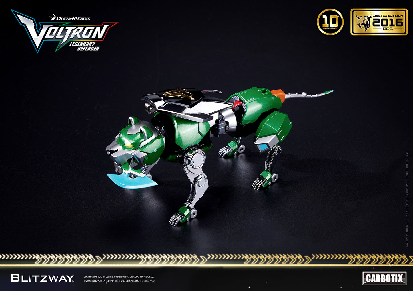 Voltron: Legendary Defender 10th Anniversary Special Limited Edition 1/6 scale Action Figure Green Lion by Blitzway Carbotix – limited to 2,016 pcs worldwide, featuring die-cast body, articulated joints, and lion mode with energy blade.