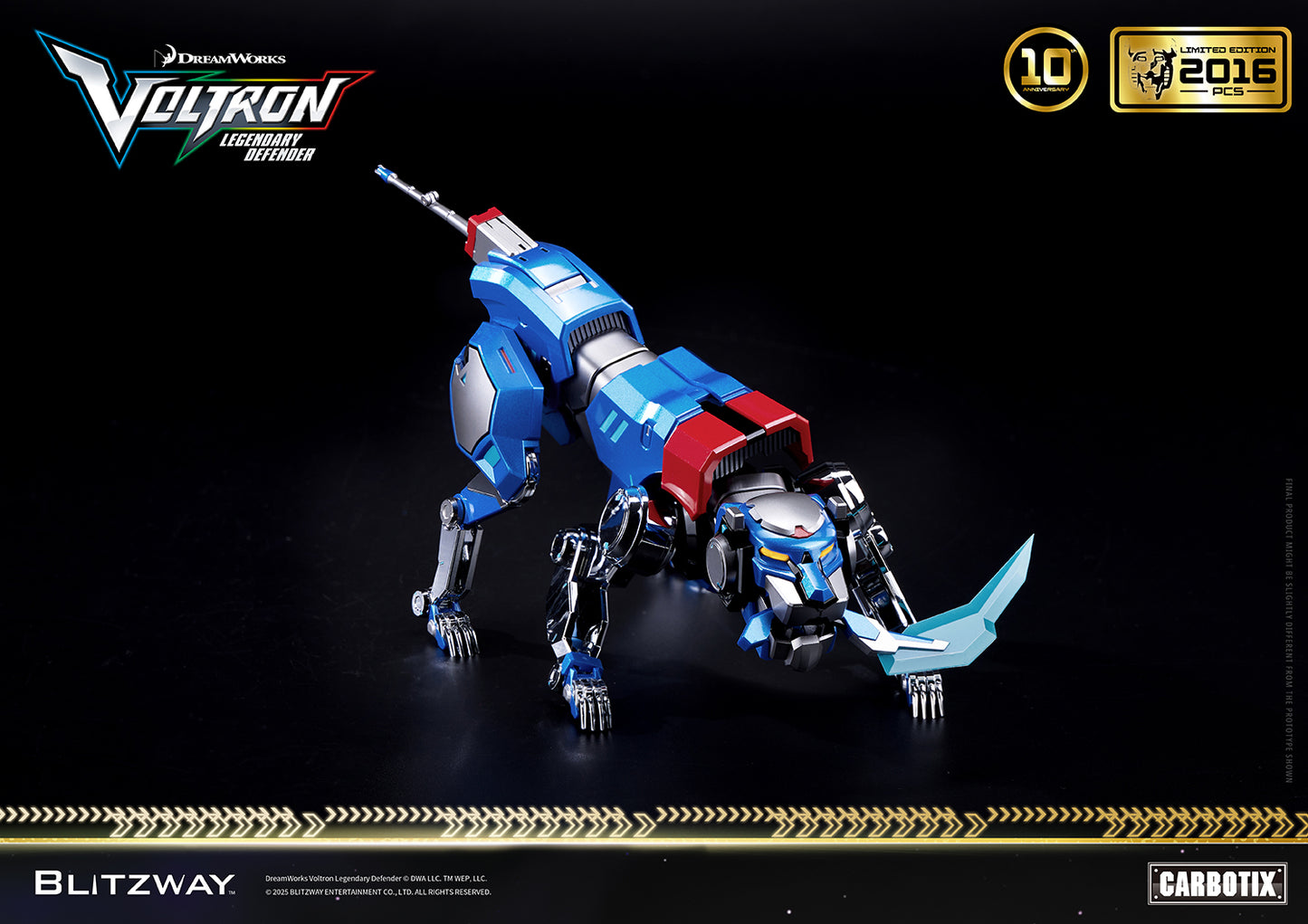 Voltron: Legendary Defender 10th Anniversary Special Limited Edition 1/6 scale Action Figure Blue Lion by Blitzway Carbotix – limited to 2,016 pcs worldwide, featuring die-cast construction, articulated joints, and lion mode with energy blade.