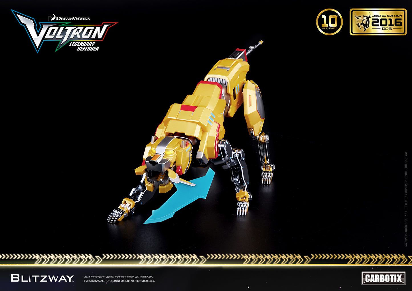 Voltron: Legendary Defender 10th Anniversary Special Limited Edition 1/6 scale Action Figure Yellow Lion by Blitzway Carbotix – limited to 2,016 pcs worldwide, featuring die-cast construction, articulated joints, and lion mode with energy blade.