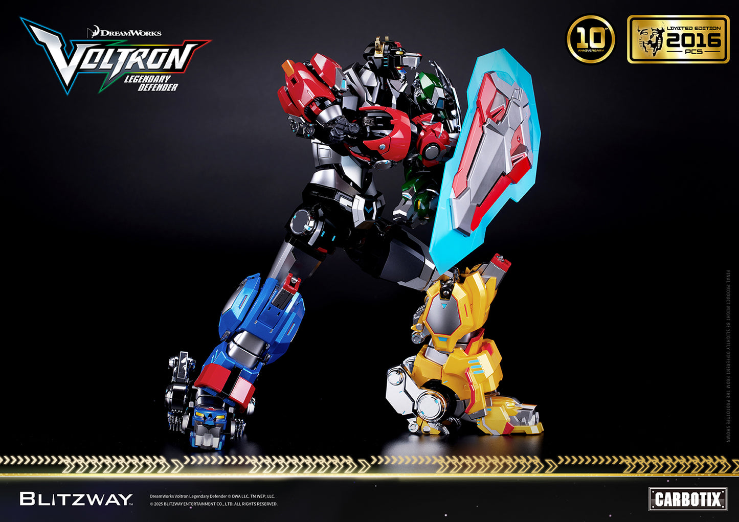 Voltron: Legendary Defender 10th Anniversary Special Limited Edition 1/6 scale Action Figure by Blitzway Carbotix – limited to 2,016 pcs worldwide, featuring die-cast construction, lion shield accessory, and dynamic kneeling defense pose.