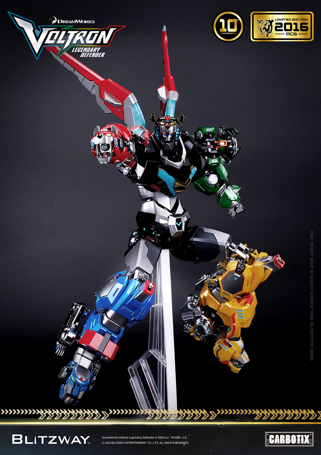 Voltron: Legendary Defender 10th Anniversary Special Limited Edition 1/6 scale Action Figure by Blitzway Carbotix – limited to 2,016 pcs worldwide, featuring die-cast construction and dynamic aerial power punch pose with display stand.